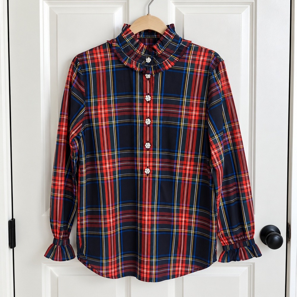 J Crew Ruffle Jewel Button Popover Shirt Tartan Plaid Black Red Medium 10
